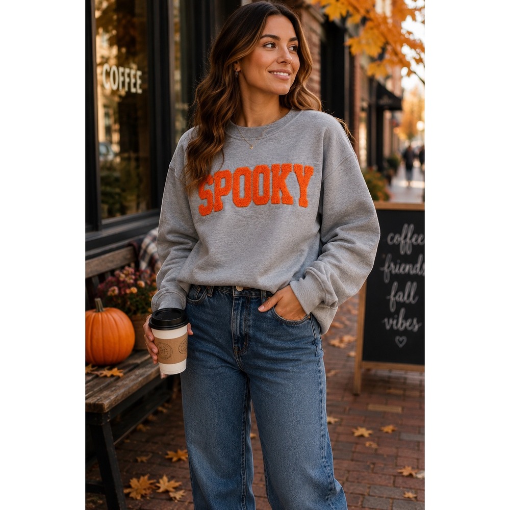 SPOOKY Chenille Varsity Sweatshirt Gray Crewneck Halloween Fall Cozy Sz S
